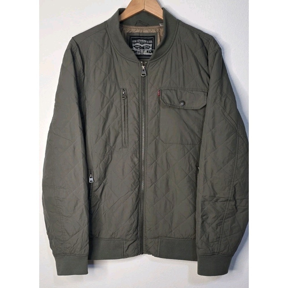 Levi's Bomber Jacket Men XXL Olive Green Full Zip Quilted Streetwear Moto‎ Y2K